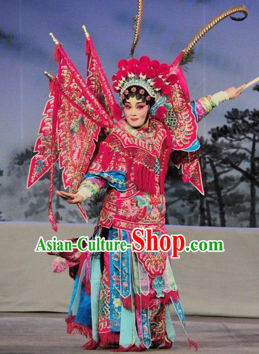 Chinese Cantonese Opera Female General Armor Garment Fan Lihua Return Tang Costumes and Headdress Traditional Guangdong Opera Apparels Tao Ma Tan Dress with Flags