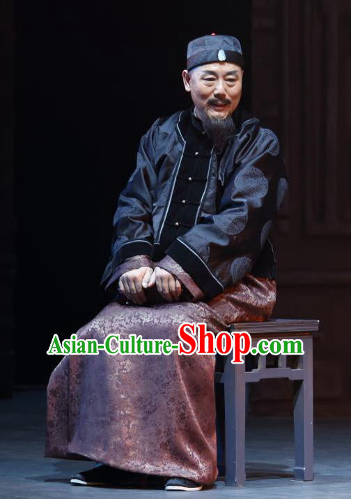 Chinese Traditional Qing Dynasty Elderly Male Apparels Costumes Historical Drama Wang Fu Jing Ancient Shopkeeper Garment Merchant Tong Shouchun Clothing and Headwear