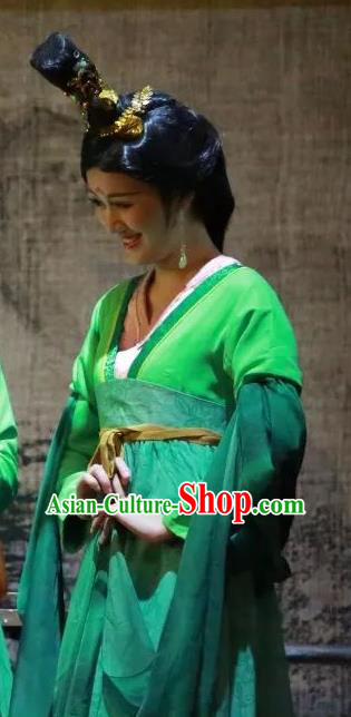 Chinese Historical Drama Da Song Yu Shi Ancient Young Beauty Garment Costumes Traditional Stage Show Dance Lady Green Dress Courtesan Apparels and Headpieces