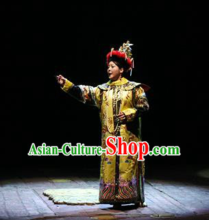 Chinese Historical Drama Da Song Yu Shi Ancient Queen Garment Costumes Traditional Stage Show Dress Qing Dynasty Empress Dowager Cixi Apparels and Headpieces