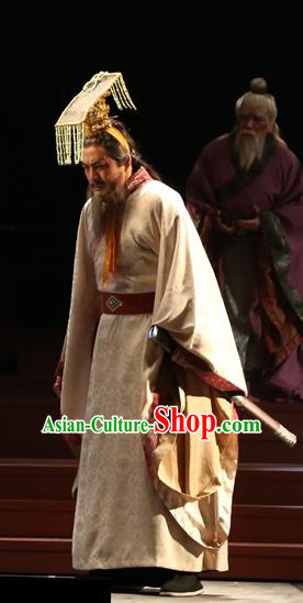 Chinese Traditional Han Dynasty Duke Clothing Stage Performance Historical Drama King of Nanyue Elderly Male Apparels Costumes Ancient Lord Zhao Tuo Garment and Headwear
