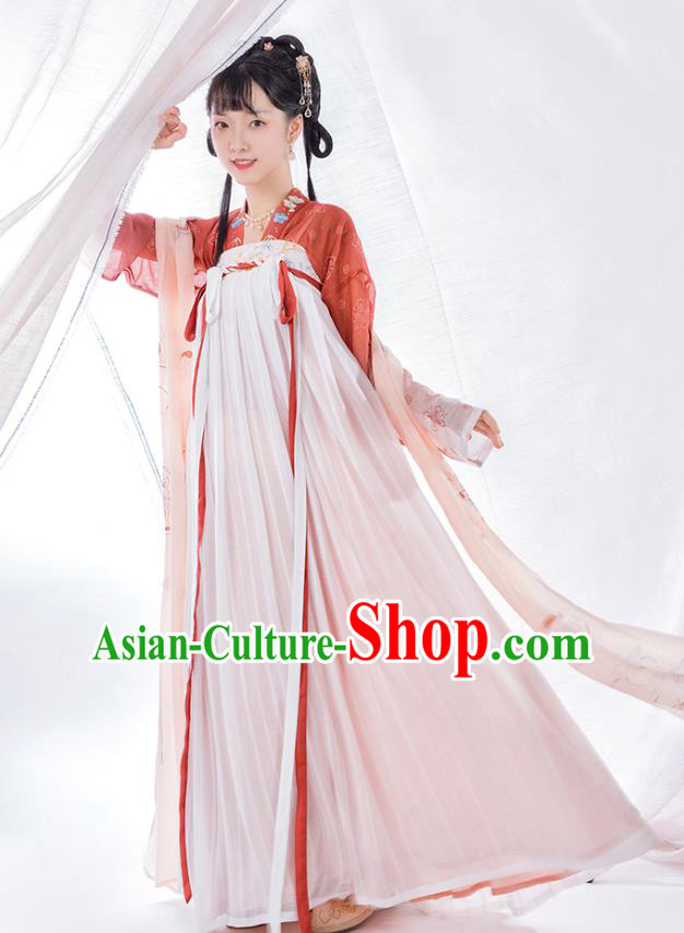 Top Chinese Traditional Tang Dynasty Noble Lady Hanfu Apparels Ancient Patrician Girl Historical Costumes Blouse and Slip Skirt Full Set