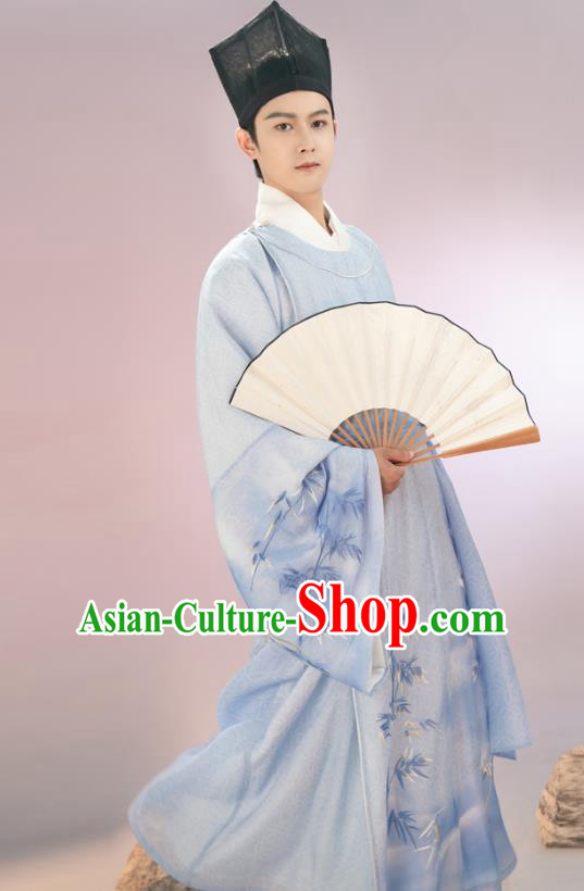 Traditional Chinese Song Dynasty Scholar Hanfu Apparels Ancient Young Male Historical Costumes Embroidered Blue Long Robe