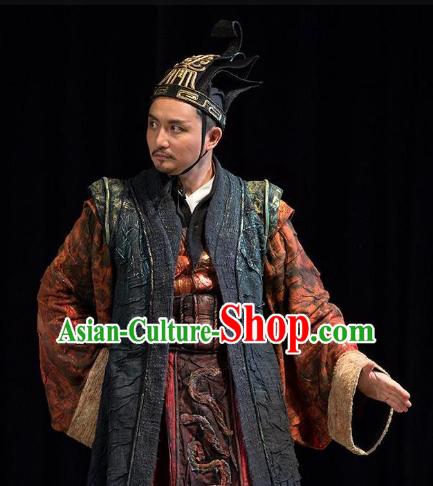 Chinese Traditional Qin Dynasty Chancellor Li Si Clothing Stage Performance Historical Drama Fu Sheng Apparels Costumes Ancient Prime Minister Garment and Headwear