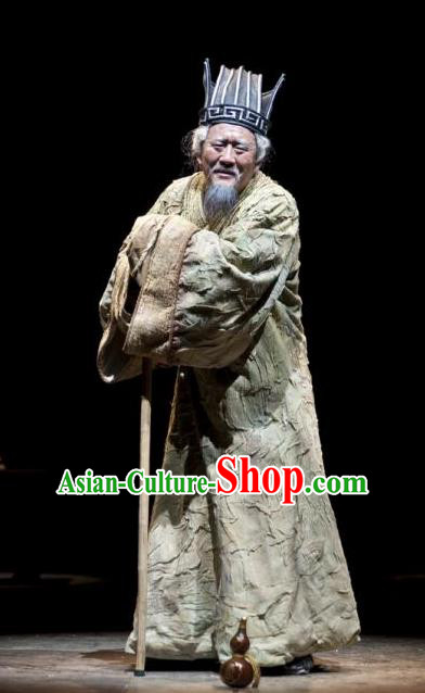 Chinese Traditional Qin Dynasty Elderly Male Clothing Stage Performance Historical Drama Fu Sheng Apparels Costumes Ancient Scholar Garment and Headwear