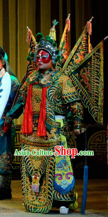 Tie Long Mount Chinese Sichuan Opera General Kao Apparels Costumes and Headpieces Peking Opera Highlights Soldier Garment Armor Clothing with Flags