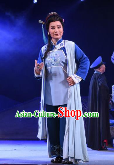 Chinese Sichuan Opera Highlights Young Mistress Ge Laifeng Garment Costumes and Headdress The Sound of Bell Traditional Peking Opera Diva Blue Dress Apparels