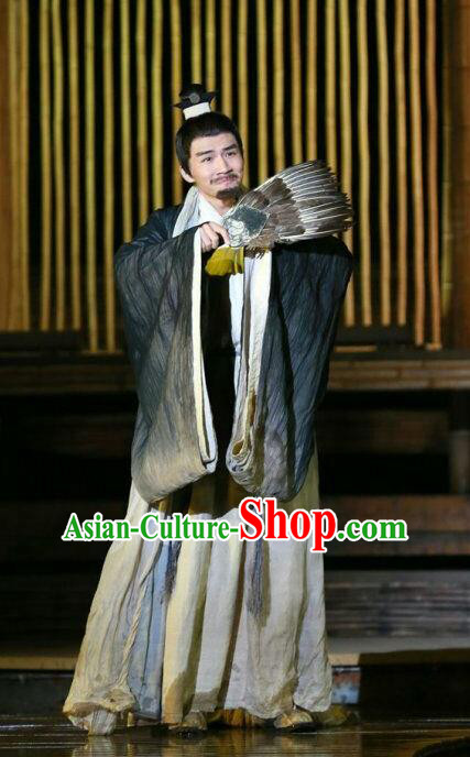 Chinese Traditional Three Kingdoms Period Strategist Clothing Stage Performance Historical Drama The Legend of Zhuge Liang Apparels Costumes Ancient Adviser Garment and Headwear