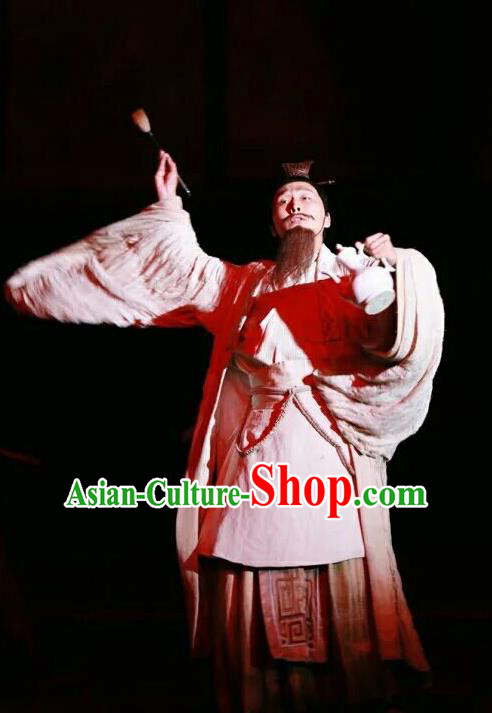 Chinese Traditional Three Kingdoms Period Strategist Clothing Stage Performance Historical Drama The Legend of Zhuge Liang Apparels Costumes Ancient Prime Minister Garment and Headwear