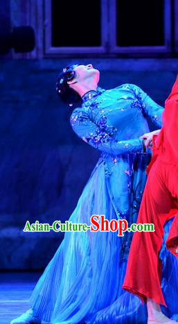 Chinese Dance Drama The Clay Figurine Young Lady Garment Costumes Traditional Stage Show Dress Qi Yangliu Blue Apparels and Headpieces