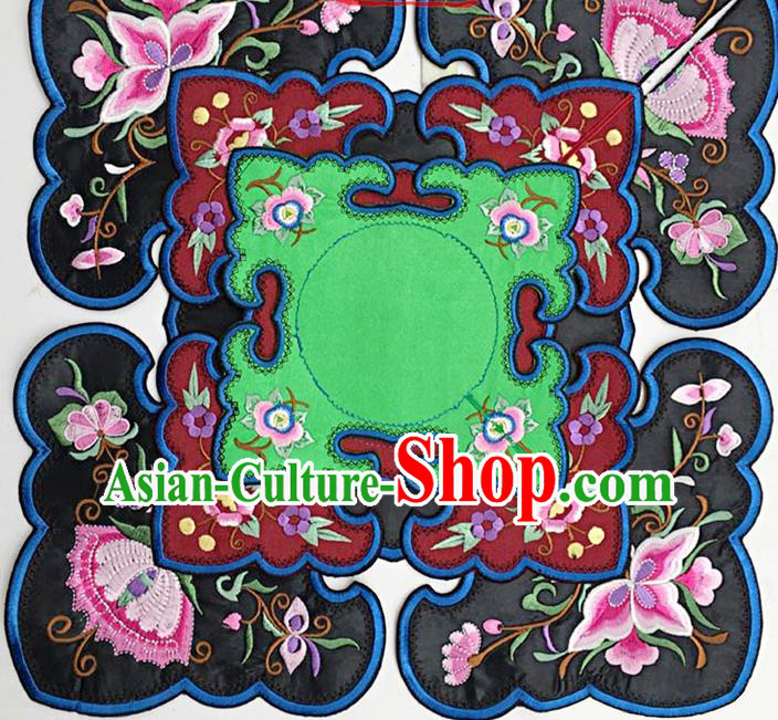 Chinese Traditional Qing Dynasty Embroidered Butterfly Flowers Pattern Three Layers Black Patch Embroidery Craft Embroidered Shoulder Accessories