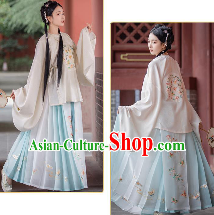 Top Chinese Traditional Ming Dynasty Nobility Female Hanfu Apparels Ancient Patrician Lady Historical Costumes Blouse and Horse Face Skirt Complete Set