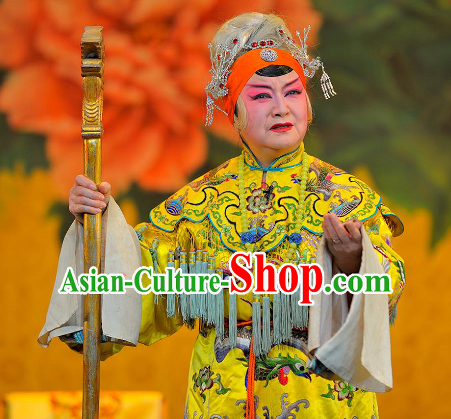 Chinese Sichuan Opera Highlights Empress Dowager Garment Costumes and Headdress Sui Chao Luan Traditional Peking Opera Imperial Dame Dress Pantaloon Apparels