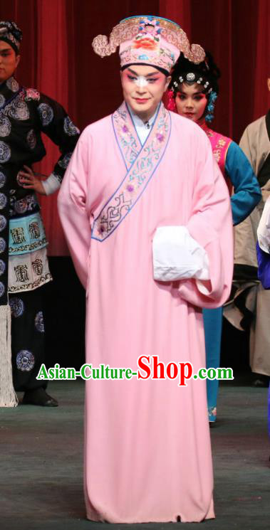 Chinese Sichuan Opera Scholar Qiao Xi Apparels Costumes and Headpieces Peking Opera Highlights Young Male Garment Xiaosheng Pink Robe Clothing