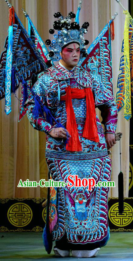Da Hu Shou Xiao Chinese Sichuan Opera General Kao Apparels Costumes and Headpieces Peking Opera Highlights Purple Armor Garment Clothing with Flags