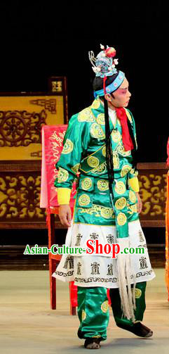 Bai Shou Tu Chinese Sichuan Opera Clown Apparels Costumes and Headpieces Peking Opera Highlights Wusheng Garment Figurant Green Clothing