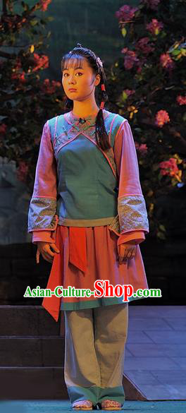 Chinese Sichuan Highlights Opera Village Girl Yu Yang Garment Costumes and Headdress Gua Yin Zhi Xian Traditional Peking Opera Xiaodan Dress Young Lady Apparels