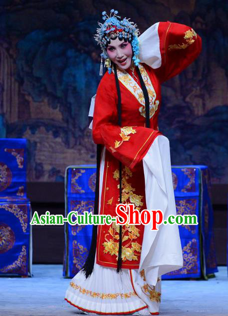 Chinese Hebei Clapper Opera Actress Garment Costumes and Headdress Zhen Zhu Shan Traditional Bangzi Opera Hua Tan Red Dress Young Female Wang Sanqiao Apparels