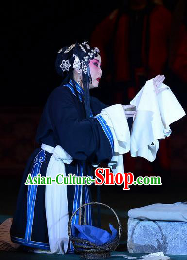 Chinese Hebei Clapper Opera Qsing Yi Garment Costumes and Headdress Dou E Yuan Traditional Bangzi Opera Distress Maiden Dress Actress Apparels