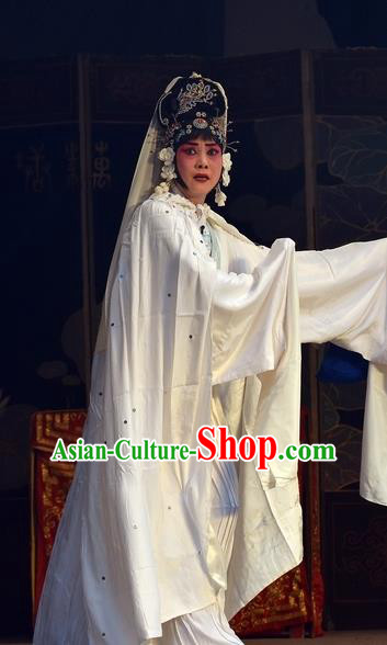 Chinese Hebei Clapper Opera Garment Costumes and Headdress Dou E Yuan Traditional Bangzi Opera Distress Maiden White Dress Actress Apparels