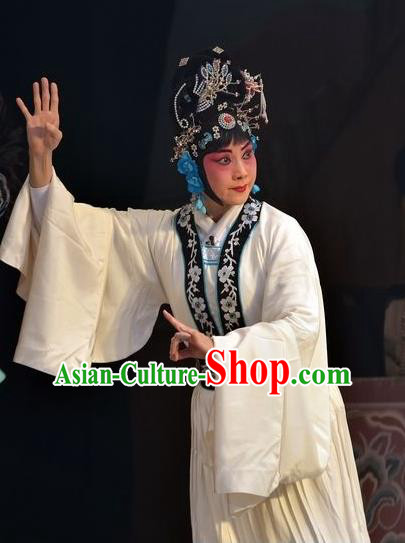 Chinese Hebei Clapper Opera Garment Costumes and Headdress Dou E Yuan Traditional Bangzi Opera Distress Maiden White Dress Actress Apparels
