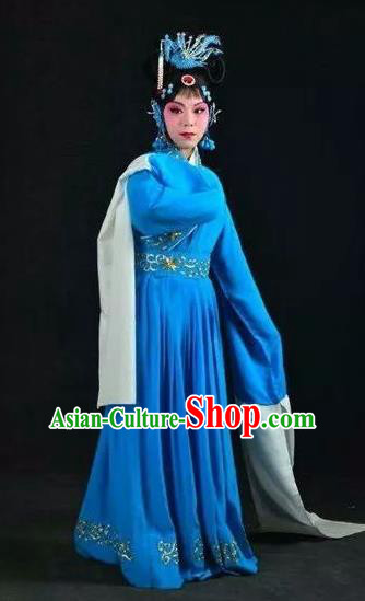 Chinese Hebei Clapper Opera Young Female Garment Costumes and Headdress Dou E Yuan Traditional Bangzi Opera Distress Maiden Blue Dress Tsing Yi Apparels