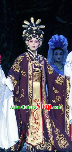Chinese Hebei Clapper Opera Actress Garment Costumes and Headdress Te Bai City Traditional Bangzi Opera Empress Purple Dress Queen Apparels