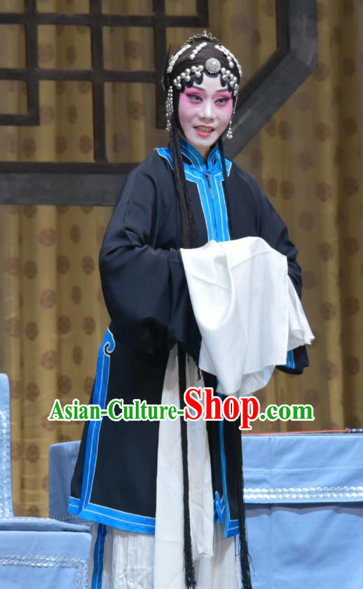 Chinese Hebei Clapper Opera Tsing Yi Garment Costumes and Headdress San Niang Jiao Zi Traditional Bangzi Opera Distress Maiden Dress Young Female Apparels