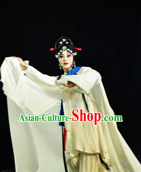 Chinese Hebei Clapper Opera Distress Maiden Garment Costumes and Headdress Meng Jiangnv Traditional Bangzi Opera Actress White Dress Diva Apparels