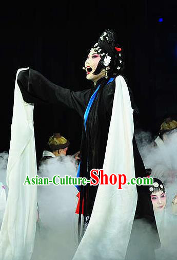 Chinese Hebei Clapper Opera Distress Woman Garment Costumes and Headdress Meng Jiangnv Traditional Bangzi Opera Actress Dress Young Female Black Apparels