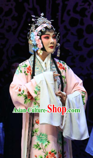Chinese Hebei Clapper Opera Hua Tan Garment Costumes and Headdress Kou Zhun Traditional Bangzi Opera Young Female Pink Dress Actress Apparels