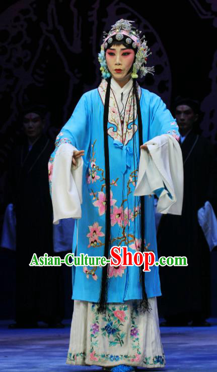 Chinese Hebei Clapper Opera Actress Garment Costumes and Headdress Kou Zhun Traditional Bangzi Opera Young Lady Blue Dress Diva Yang Jiumei Apparels