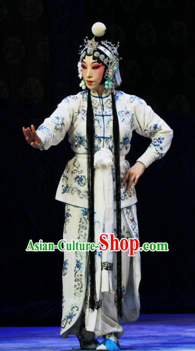 Chinese Hebei Clapper Opera Martial Female Yang Jiumei Garment Costumes and Headdress Kou Zhun Traditional Bangzi Opera Young Lady Dress Wudan Apparels
