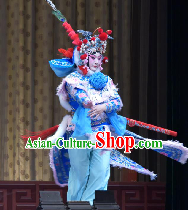 Chinese Hebei Clapper Opera Martial Female Hu Sanniang Garment Costumes and Headdress Hu Jia Zhuang Traditional Bangzi Opera Actress Dress Wudan Apparels