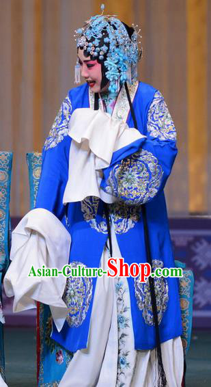 Chinese Hebei Clapper Opera Young Woman Garment Costumes and Headdress The Butterfly Chalice Traditional Bangzi Opera Mistress Dress Hua Tan Blue Apparels