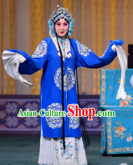 Chinese Hebei Clapper Opera Young Woman Garment Costumes and Headdress The Butterfly Chalice Traditional Bangzi Opera Mistress Dress Hua Tan Blue Apparels