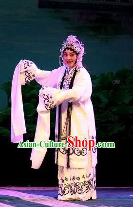 Chinese Hebei Clapper Opera Diva Bai Suzhen Garment Costumes and Headdress Madam White Snake Traditional Bangzi Opera Hua Tan Dress Young Female Apparels