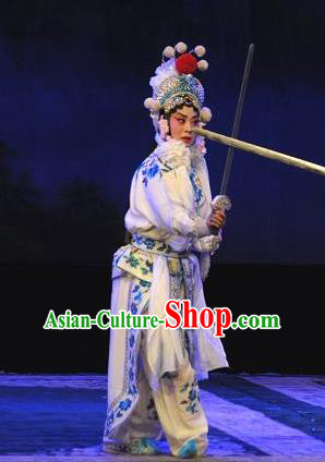 Chinese Hebei Clapper Opera Swordswoman Garment Costumes and Headdress Madam White Snake Traditional Bangzi Opera Martial Female Bai Suzhen Dress Apparels