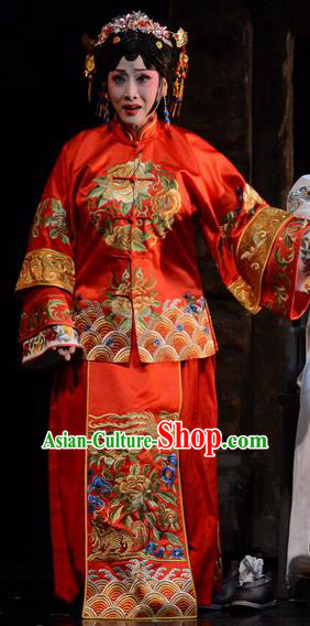 Chinese Hebei Clapper Opera Bride Red Garment Costumes and Headdress Golden Lock Notes Traditional Bangzi Opera Actress Dress Young Female Zhi Shou Apparels