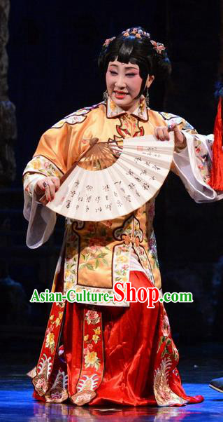 Chinese Hebei Clapper Opera Rich Madam Garment Costumes and Headdress Golden Lock Notes Traditional Bangzi Opera Young Mistress Cao Qiqiao Dress Actress Apparels