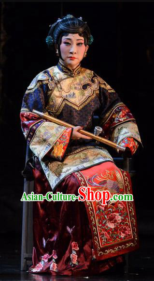 Chinese Hebei Clapper Opera Elderly Female Cao Qiqiao Garment Costumes and Headdress Golden Lock Notes Traditional Bangzi Opera Dame Dress Apparels