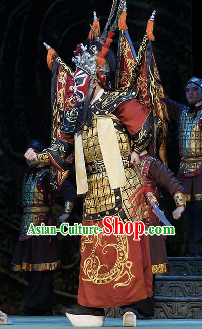 Te Bai City Chinese Bangzi Opera General Armor Apparels Costumes and Headpieces Traditional Hebei Clapper Opera Martial Male Garment Clothing with Flags
