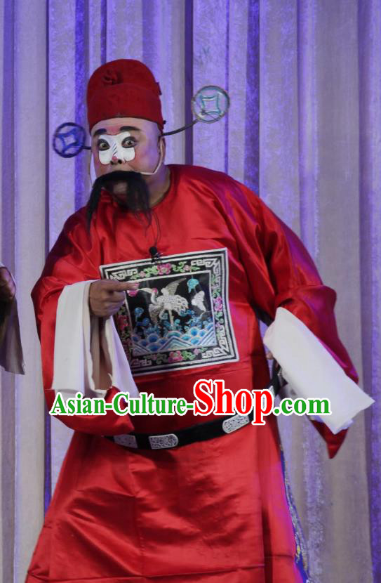 Chinese Bangzi Opera Magistrate Apparels Costumes and Headpieces Traditional Shanxi Clapper Opera Clown Garment Red Official Clothing