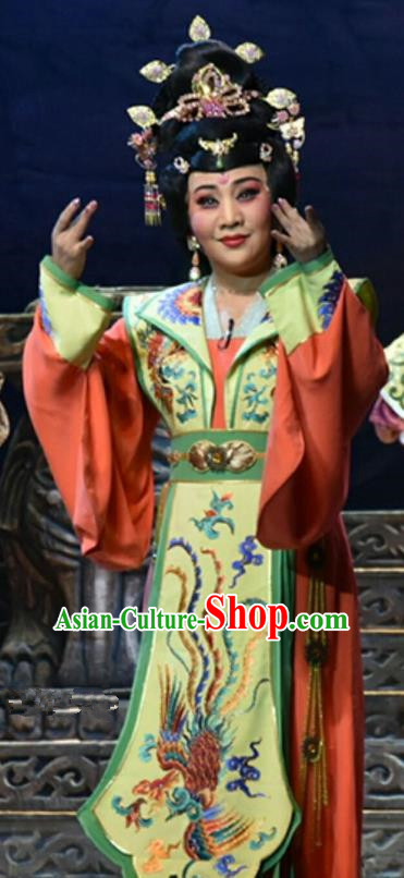 Chinese Shanxi Clapper Opera Empress Feng Yan Garment Costumes and Headdress Ping Cheng Fu Traditional Bangzi Opera Actress Dress Court Queen Apparels