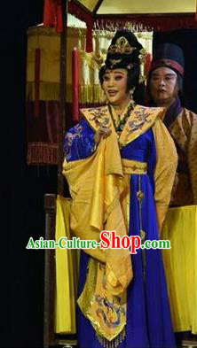 Chinese Shanxi Clapper Opera Imperial Empress Garment Costumes and Headdress Ping Cheng Fu Traditional Bangzi Opera Diva Feng Yan Blue Dress Apparels