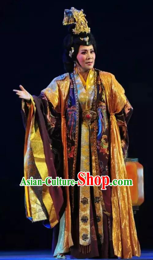 Chinese Shanxi Clapper Opera Queen Mother Garment Costumes and Headdress Ping Cheng Fu Traditional Bangzi Opera Empress Dowager Feng Dress Dame Apparels