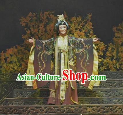 Chinese Shanxi Clapper Opera Noble Dame Garment Costumes and Headdress Ping Cheng Fu Traditional Bangzi Opera Empress Dowager Feng Dress Elderly Female Apparels