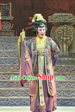 Chinese Shanxi Clapper Opera Noble Dame Garment Costumes and Headdress Ping Cheng Fu Traditional Bangzi Opera Empress Dowager Feng Dress Elderly Female Apparels