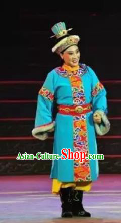 Ping Cheng Fu Chinese Bangzi Opera Niche Blue Apparels Costumes and Headpieces Traditional Shanxi Clapper Opera Crown Prince Garment Xiaosheng Clothing