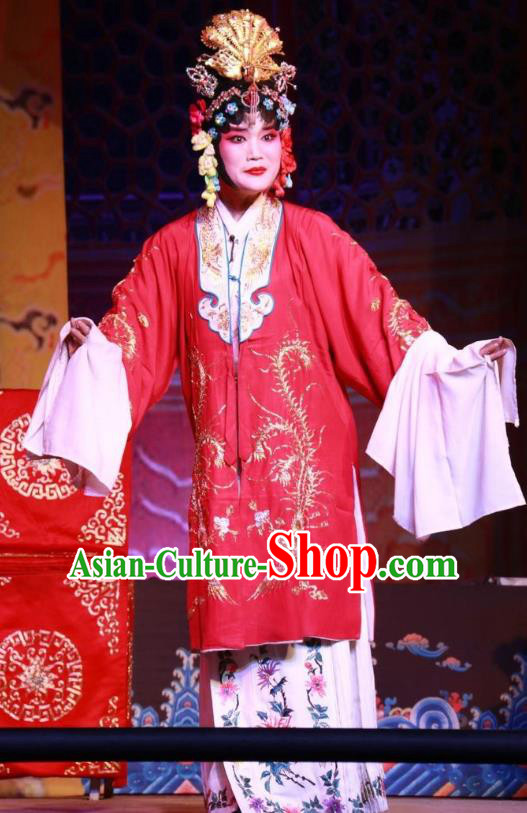 Chinese Shanxi Clapper Opera Hua Tan Wang Yulian Garment Costumes and Headdress Traditional Bangzi Opera Diva Red Dress Young Female Apparels